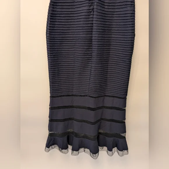 Tadashi Shoji Navy Blue Ruffle Pintuck Maxi Party‎ Bodycon Stretchable Sz XS - Picture 7 of 11